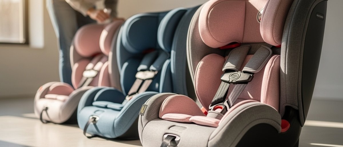 Children's car seats arranged neatly in a row with sunlight casting gentle shadows.