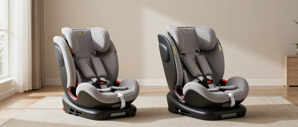 Convertible and all-in-one car seats displayed side by side on a textured floor in a softly lit room, showcasing their different designs and features