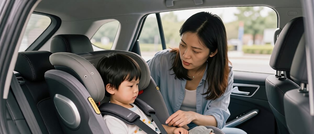 A parent checking the harness on a child seated in a car seat