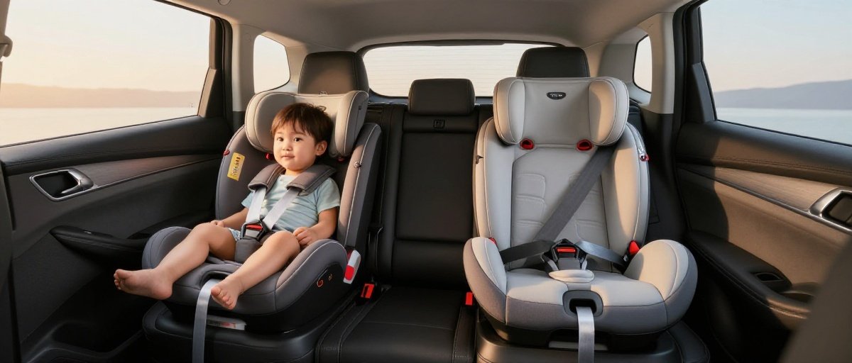 Interior of a minivan showing a harnessed car seat and a highback booster seat side by side in the back row