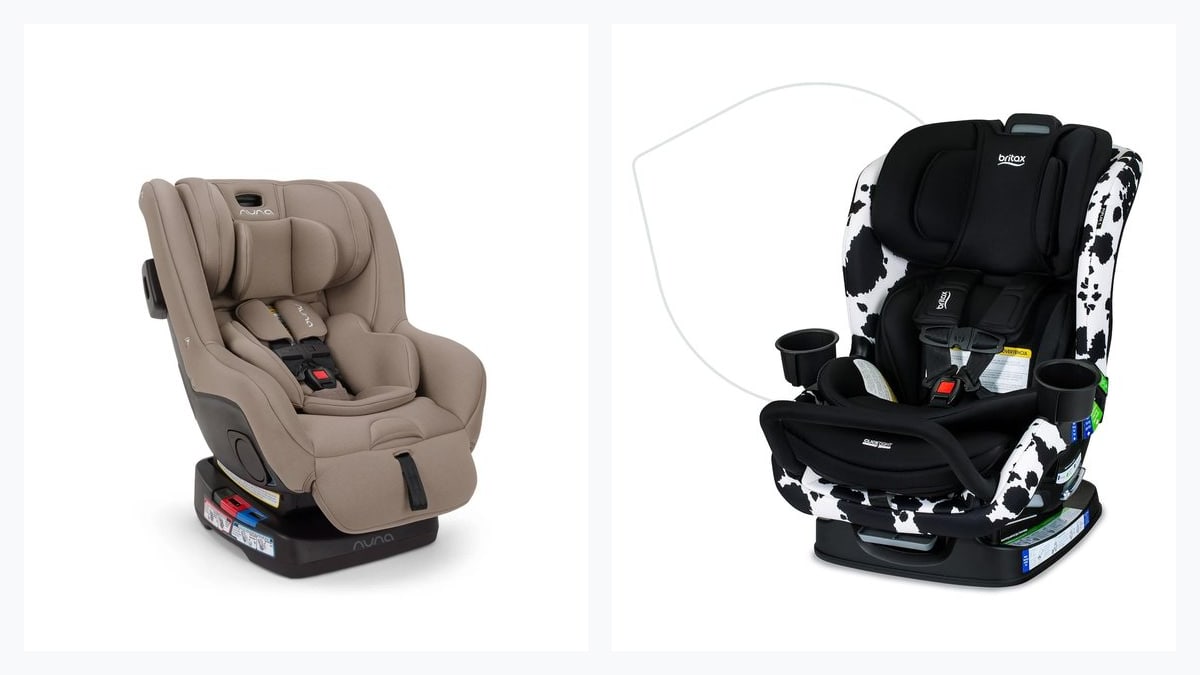 The Nuna RAVA and the Britax Poplar S shown side by side, with the Poplar S on the right in its narrower 17-inch shell