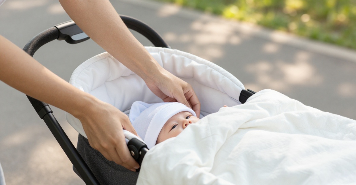 A parent tucking soft fabric bedding around a baby in a pram