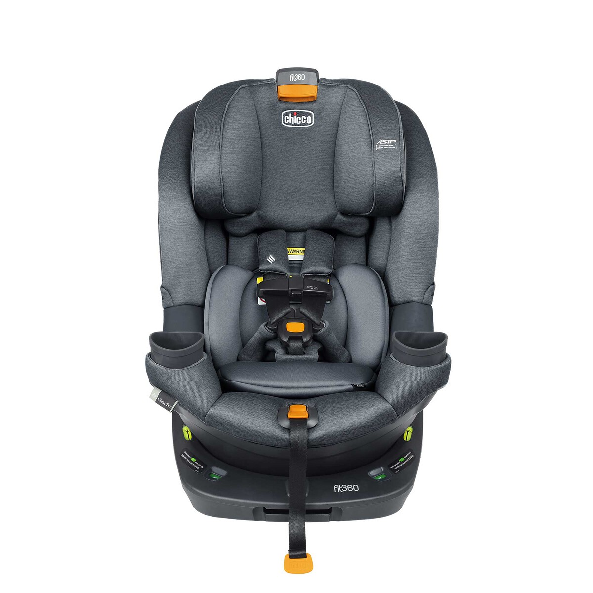 Front view of the Chicco Fit360 ClearTex car seat in Carbon