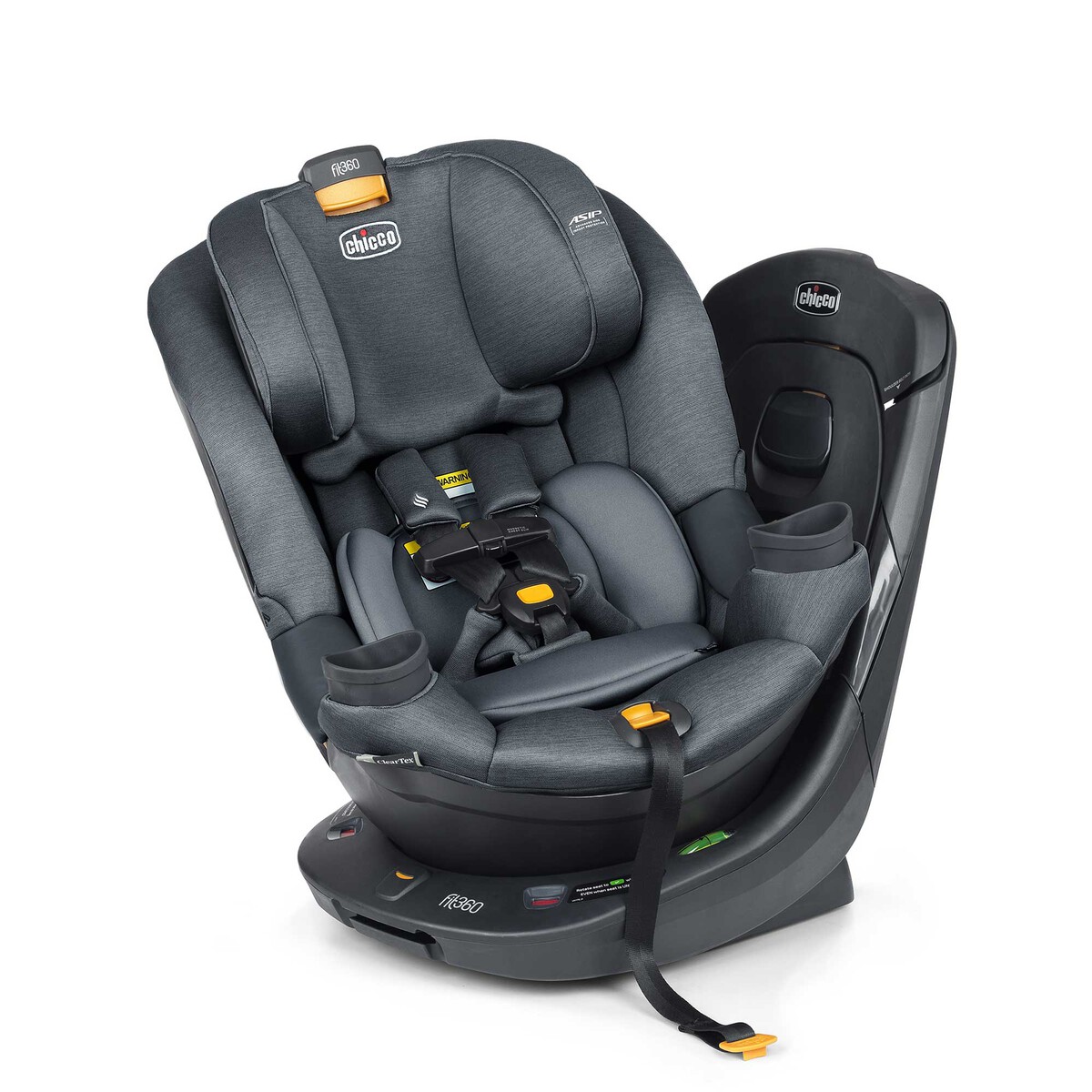 Chicco Fit360 ClearTex rotating convertible car seat turned to face the car door