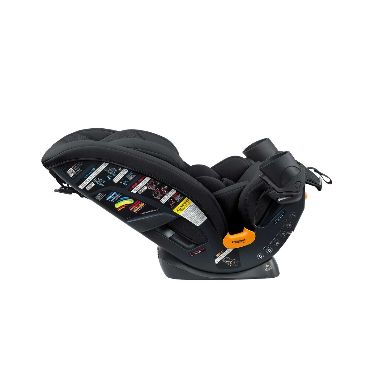 Chicco Fit3x ClearTex car seat in Black, shown reclined from the right