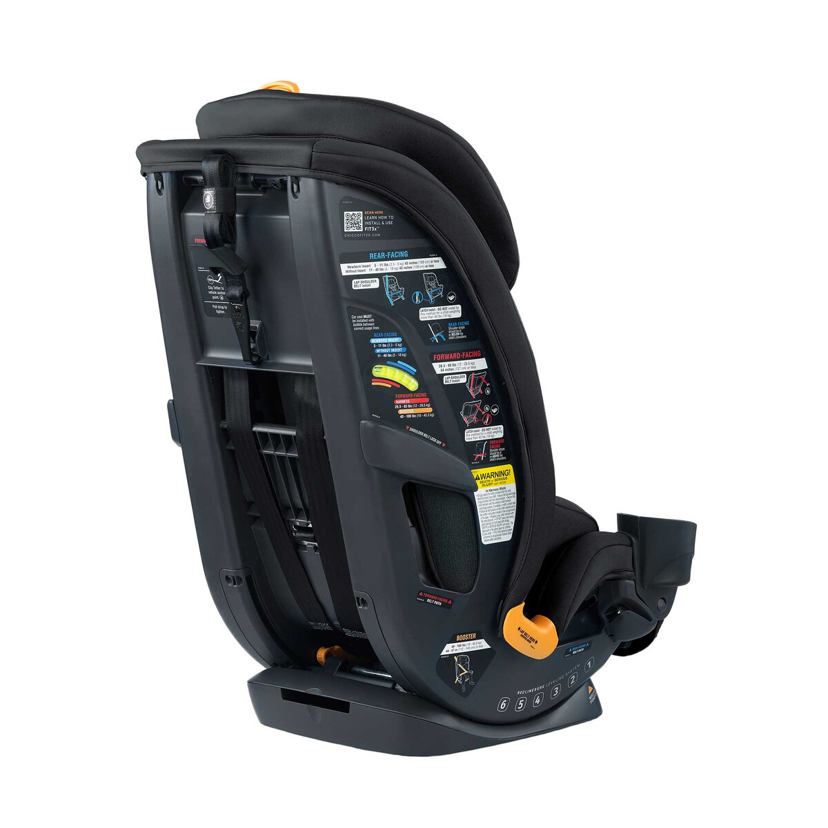 Right rear view of the Chicco Fit3x ClearTex car seat in Black