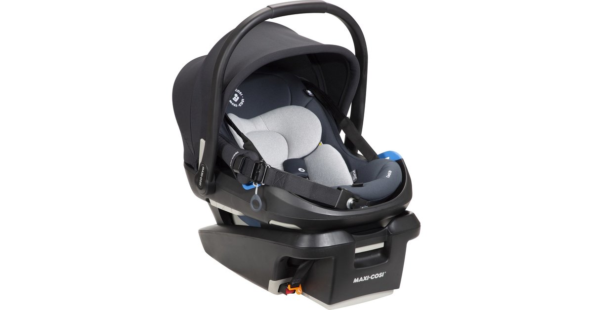 Maxi-Cosi Coral XP infant car seat with black base and gray padding on white background
